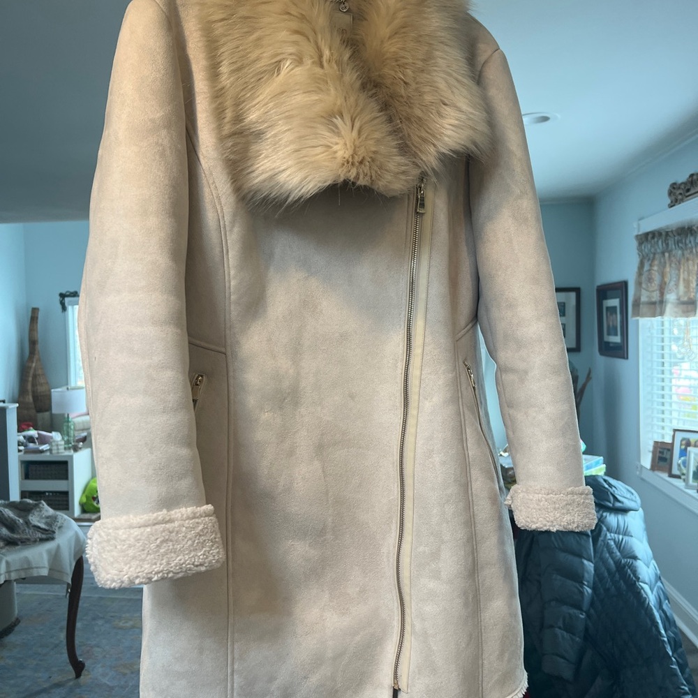 Calvin Klein Cream Faux Fur Collar Coat